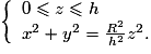 \left\lbrace\begin{array}{l}0\leq z\leq h\tabularnewline x^2+y^2=\frac{R^2}{h^2}z^2.\end{array}\right.