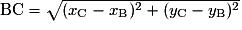 \mathrm{BC}=\sqrt{(x_{\mathrm{C}}-x_{\mathrm{B}})^{2}+(y_{\mathrm{C}}-y_{\mathrm{B}})^{2}}