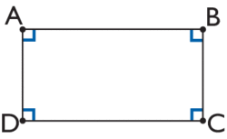 Définition : un rectangle est un quadrilatère qui a quatre angles droits. 

Propriété

Si un quadrilatère est un rectangle, a