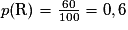 p(\mathrm{R})=\frac{60}{100}=0,6