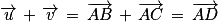 \overrightarrow{u}\, +\, \overrightarrow{v}\, =\, \overrightarrow{AB}\, +\, \overrightarrow{AC}\, =\, \overrightarrow{AD}