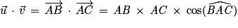 \vec{u}\, \cdot \, \vec{v}\, =\, \overrightarrow{AB}\, \cdot \, \overrightarrow{AC}\, =\, \mathit{AB}\, \times \, \mathit{AC}\, \times \, \mathrm{cos}(\widehat{\mathit{BAC}})
