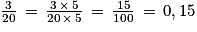 \frac{3}{20}\, =\, \frac{3\, \times \, 5}{20\, \times \, 5}\, =\, \frac{15}{100}\, =\, 0,15