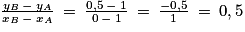 \frac{y_{B}\: -\: y_{A}}{x_{B}\: -\: x_{A}}\: =\: \frac{0,5\: -\: 1}{0\: -\: 1}\: =\: \frac{-0,5}{1}\: =\: 0,5