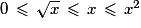 0\,\le\,\sqrt{x}\,\le\,x\,\le\,x^{2}