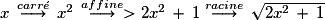 x\,\stackrel{carr\acute{e}}{\longrightarrow}\,x^{2}\,\stackrel{affine}{\longrightarrow}>2x^{2}\,+\,1\stackrel{racine}{\longrightarrow}\,\sqrt{2x^{2}\,+\,1}
