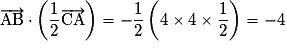 \overrightarrow{\rm{AB}}\cdot \left( {\frac{1}{2}\overrightarrow{\rm{CA}} } \right) = -\frac{1}{2}\left( {4 \times{} 4 \times{} \frac{1}{2}} \right) = - 4