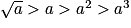 \sqrt{a} > a > a^2 > a^3