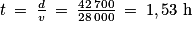 t\: =\: \frac{d}{v}\: =\: \frac{42\: 700}{28\: 000}\: =\: 1,53\; \textrm{h}