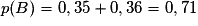 p(B) = 0,35 + 0,36 = 0,71