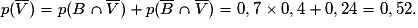 p(\overline{V})=p(B\cap\overline{V})+p(\overline{B}\cap\overline{V})=0,7 \times 0,4+0,24=0,52.