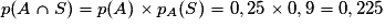 p(A\cap S)=p(A)\times p_{A}(S)=0,25\times 0,9=0,225