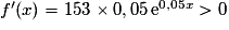 f'(x)=153\times 0,05\,\mathrm{e}^{0,05x}>0