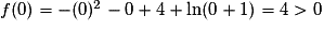 f(0)=-(0)^{2}- 0+4+\ln(0+1)= 4>0