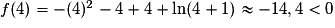 f(4)=-(4)^{2}- 4+4+\ln(4+1)\approx{-14,4}<0