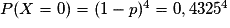 P(X= 0) = (1 - p)^{4} = 0,4325^4
