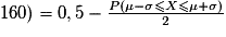 160) = 0,5 - \frac{P(\mu -\sigma\le X \le \mu + \sigma)}{2}