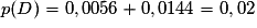 p(D) = 0,0056 + 0,0144 = 0,02