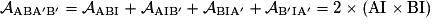 \mathcal{A}_{\mathrm{ABA'B'}} = \mathcal{A}_{\mathrm{ABI}} + \mathcal{A}_{\mathrm{AIB'}} + \mathcal{A}_{\mathrm{BIA'}} + \mathcal{A}_{\mathrm{B'IA'}} = 2 \times (\mathrm{AI} \times \mathrm{BI})