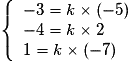 \left\lbrace\begin{array}{l}-3=k\times (-5)\\-4=k\times 2\\1=k\times (-7)\end{array}\right.