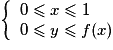 \left\{\begin{array}{l}0\leq x\leq 1 \\0\leq y\leq f(x)\end{array}\right.