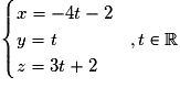 \begin{cases}x = -4t - 2\cr y = t\qquad\qquad, {t} \in \mathbb{R}\cr z = 3t + 2\end{cases}