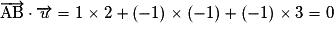 \overrightarrow{\mathrm{AB}}\cdot\overrightarrow{u}=1\times2+(-1)\times (-1)+(-1)\times 3=0