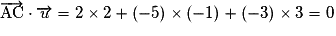 \overrightarrow{\mathrm{AC}}\cdot\overrightarrow{u}=2\times2+(-5)\times (-1)+(-3)\times 3=0