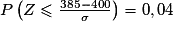 P\left(Z \leq \frac{385-400}{\sigma}\right) = 0,04