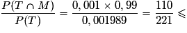\dfrac{P(T\cap M)}{P(T)}=\dfrac{0,001\times 0,99}{0,001989}=\dfrac{110}{221}\leq
