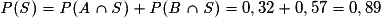 \mathit{P} (\mathit{S})= \mathit{P}(\mathit{A}\cap \mathit{S})+\mathit{P}(\mathit{B}\cap \mathit{S})= 0,32+0,57= 0,89