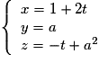 \left\{\begin{array}{l}x = 1 +2t\\ y = a\\ z = -t+a^{2}\end{array}\right.