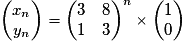 \begin{pmatrix}x_{n}\\y_{n}\\\end{pmatrix}=\begin{pmatrix}3 &8\\1&3\\\end{pmatrix}^n \times\begin{pmatrix}1\\0\\\end{pmatrix}