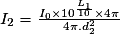 I_{2}=\frac{I_{0}\times10^{\frac{L_{1}}{10}}\times4\pi}{4\pi.d_{2}^{2}}