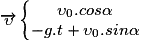 \overrightarrow{\upsilon }\left\{\begin{matrix}\upsilon _{0}.cos\alpha \\ -g.t + \upsilon _{0}.sin\alpha \end{matrix}\right.