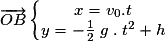 \overrightarrow{OB}\left\{\begin{matrix}x= v_{0}.t\\y= -\frac{1}{2}\; g\; .\; t^{2}+h\end{matrix}\right.