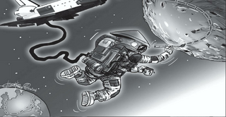 Les Philippines, localisées sur le globe terrestre à gauche du dessin, sont un archipel voisin de la Chine. Le personnage représenté est un astronaute chinois.