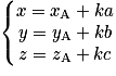 \left\{\begin{matrix}x=x_{\textrm{A}}+ka\\y=y_{\textrm{A}}+kb\\z=z_{\textrm{A}}+kc\end{matrix}\right.