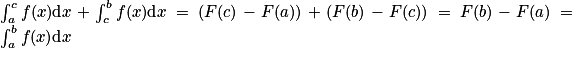 \int_{a}^{c}f(x)\textrm{d}x+\int_{c}^{b}f(x)\textrm{d}x=(F(c)-F(a))+(F(b)-F(c))=F(b)-F(a)=\int_{a}^{b}f(x)\textrm{d}x