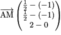 \overrightarrow{\mathrm{AM}}\begin{pmatrix}\frac{1}{2}-\left ( -1 \right )\\\frac{1}{2}-\left ( -1 \right )\\2-0\end{pmatrix}