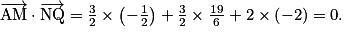 \overrightarrow{\mathrm{AM}}\cdot \overrightarrow{\mathrm{NQ}}=\frac{3}{2}\times \left ( -\frac{1}{2} \right )+\frac{3}{2}\times \frac{19}{6}+2\times \left ( -2 \right )=0.