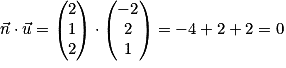 \vec{n} \cdot \vec{u} = \begin{pmatrix}2\\1\\2\end{pmatrix} \cdot \begin{pmatrix}-2\\2\\1\end{pmatrix} = -4 + 2 + 2 = 0