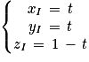 \left\{\begin{matrix}x_{I}\, =\, t\\y_{I}\, =\, t\\z_{I}\, =\, 1\, -\, t\end{matrix}\right.