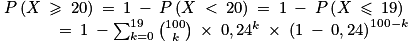 \begin{matrix}P\left ( X\: \geq \: 20 \right )\: =\: 1\: -\: P\left ( X\: < \: 20 \right )\: =\: 1\: -\: P\left ( X\: \leq \: 19 \right )\\\; \; \; \; \; \; \; \; \; \; \; \; \: =\: 1\: -\sum_{k=0}^{19}\binom{100}{k}\: \times \: 0,24^{k}\: \times \: \left ( 1\: -\: 0,24 \right )^{100-k}\end{matrix}