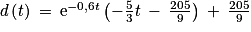 d\left ( t \right )\: =\: \textrm{e}^{-0,6t}\left ( -\frac{5}{3}t\: -\: \frac{205}{9} \right )\: +\: \frac{205}{9}