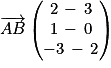 \overrightarrow{AB}\begin{pmatrix}2\, -\, 3 \\1\, -\, 0\\-3\, -\, 2\end{pmatrix}