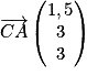 \overrightarrow{CA}\begin{pmatrix}1,5 \\3 \\3\end{pmatrix}