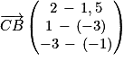 \overrightarrow{CB}\begin{pmatrix}2\, -\, 1,5 \\1\, -\, (-3) \\-3\, -\, (-1)\end{pmatrix}