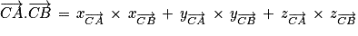 \overrightarrow{CA}.\overrightarrow{CB}\, =\, x_{\overrightarrow{CA}}\, \times \, x_{\overrightarrow{CB}}\, +\, y_{\overrightarrow{CA}}\, \times \, y_{\overrightarrow{CB}}\, +\, z_{\overrightarrow{CA}}\, \times \, z_{\overrightarrow{CB}}