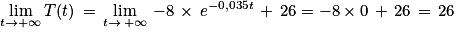 \displaystyle \lim_{ t\to +\infty }T(t)\, =\, \displaystyle \lim_{t \to \, +\infty }\, -8\, \times \, e^{-0,035t}\, +\, 26=-8\times 0\, +\, 26\, =\, 26